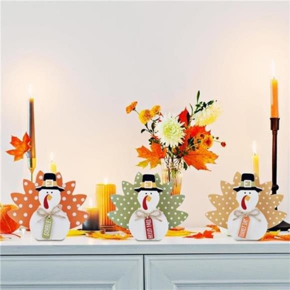 Thanksgiving Fall Decorations, Set of 3 Tabletop Turkey Decor Wood Table Sign - Picture 7 of 7